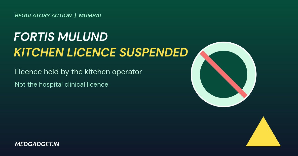 Graphic: Fortis Hospital kitchen licence suspended, with a crossed-out plate and warning sign