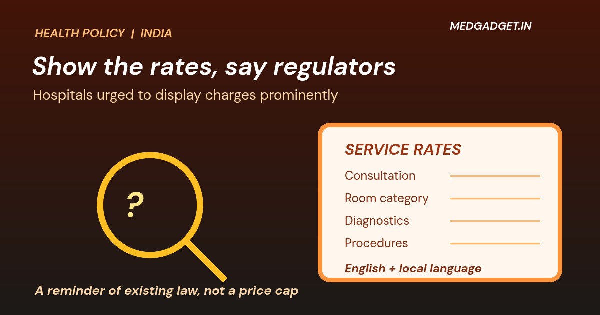 Graphic: hospital treatment charges India 2026, a hospital rate board listing service categories in English and the local language beside a magnifying glass