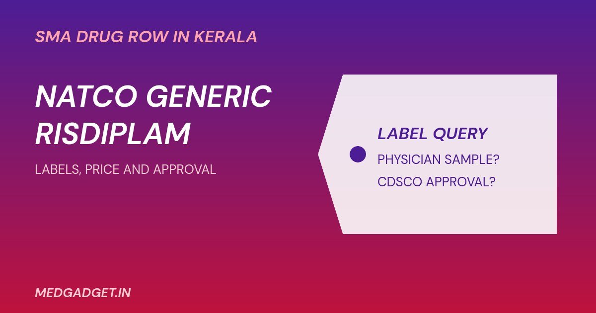 Natco generic risdiplam graphic showing a label query over a bottle tag