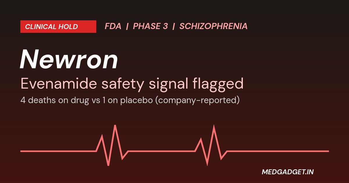Graphic: Newron evenamide Phase 3 schizophrenia trial under FDA clinical hold, with an ECG line and a clinical hold label