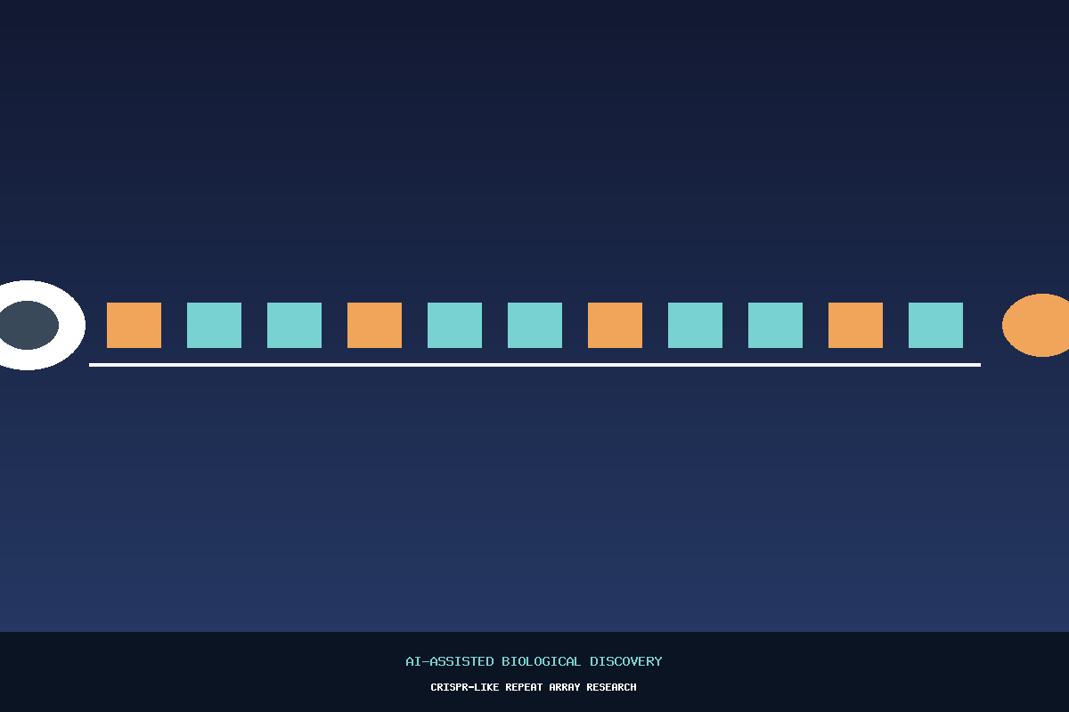 Illustration of a DNA repeat array with an enzyme, representing the AI-assisted discovery of the CRISPR-like ART biological system