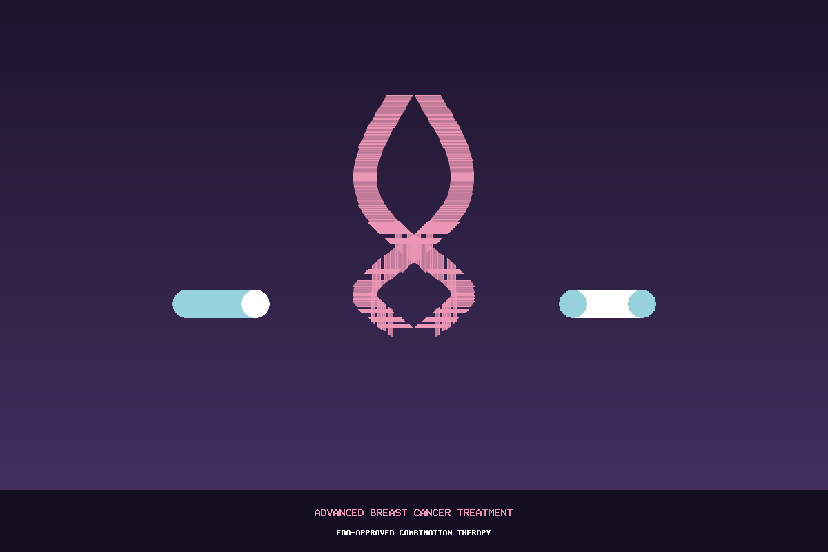 Illustration of a breast cancer awareness ribbon with oral medication capsules representing FDA-approved combination therapy for advanced breast cancer