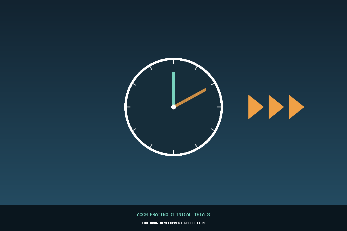 Illustration of a clock with fast-forward arrows representing the FDA Expedited IND Pilot to accelerate first-in-human clinical trials