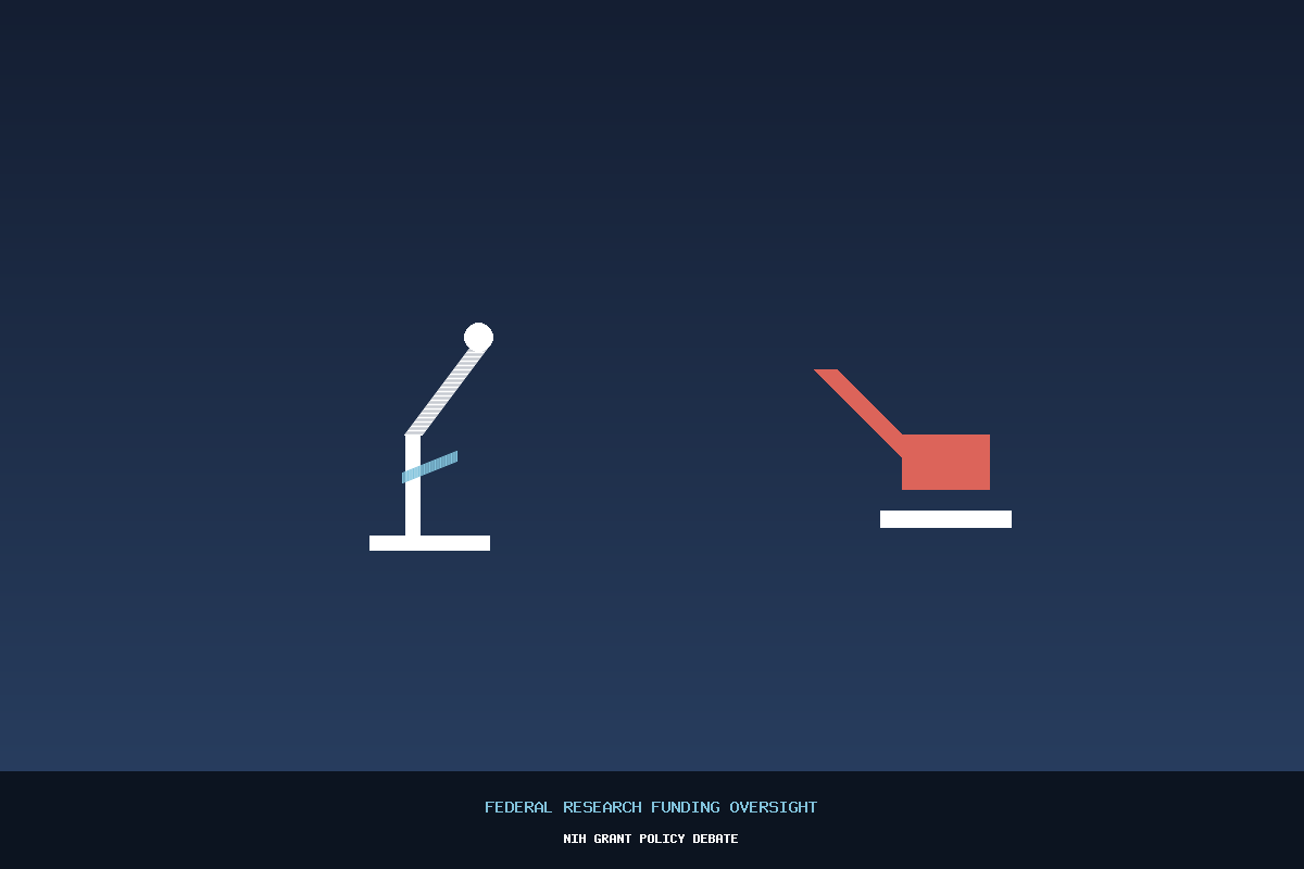 Illustration of a microscope and a gavel representing debate over political oversight of federal NIH research grant funding