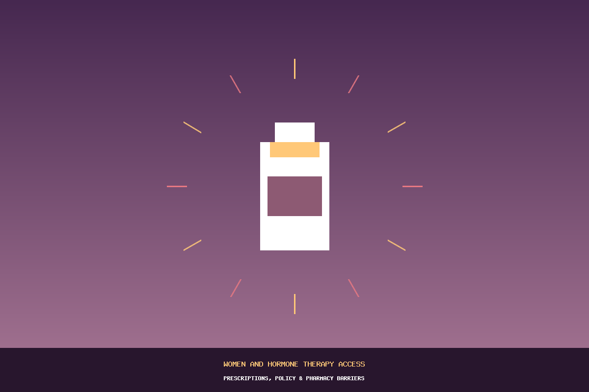 Illustration representing prescription and pharmacy access barriers facing women seeking testosterone therapy